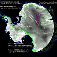 南極と最低気温観測地点　(C) National Snow and Ice Data Center