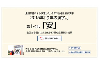 「不安」「安全」「安心」応募総数129,647票、2015年の漢字「安」選出理由とは 画像