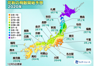 2020年春の花粉、飛散量は全国平均で平年比85％程度 画像