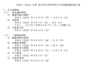 【中学受験2022】【高校受験2022】栃木県立中学・高校入試日程を発表…高校一般選抜は3/7 画像