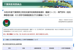 【高校受験2026】千葉県、特別支援学校高等部2次募集…流山高等学園など3校で計24人 画像