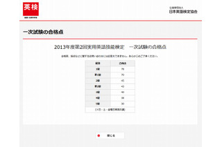 英検、2013年10月13日（2013年度第2回）実施分の合格点を公開 画像