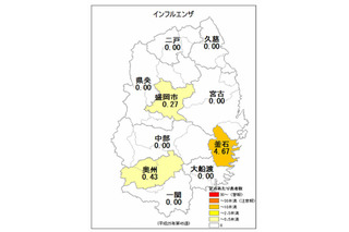 【インフルエンザ2013】岩手・岐阜・秋田などで局地的に高い流行状況、釜石は定点当たり4.67人 画像