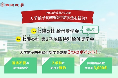 福岡大、出願前に給付確約の奨学金新設…約3,000名採用 画像