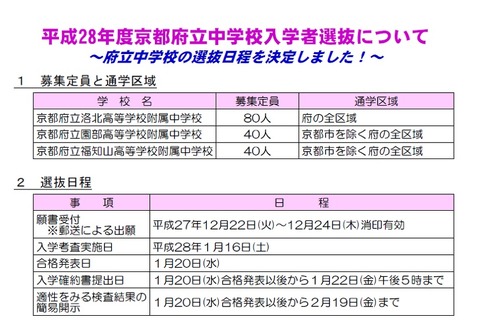京都府、平成28年度府立中学・公立高校入試について発表 画像