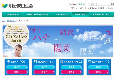女児「子」が人気回復、2015年生まれの名前調査一覧…明治安田生命 画像