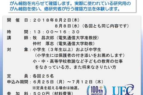 【夏休み2018】癌研究を体験、電通大「子供と学ぶ科学実験講座」8/2・8 画像