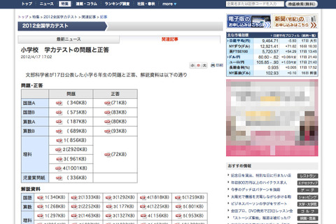 全国学力テスト2012、問題と正答のWeb掲載スタート 画像