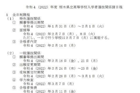 【高校受験2022】栃木県公立高入試日程、学力検査3/7 画像