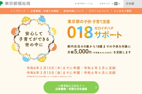 東京都、月5千円支給「018サポート」引き続き申請受付 画像