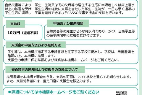 台風8号の被災学生、奨学金や支援金の申請受付…JASSO 画像