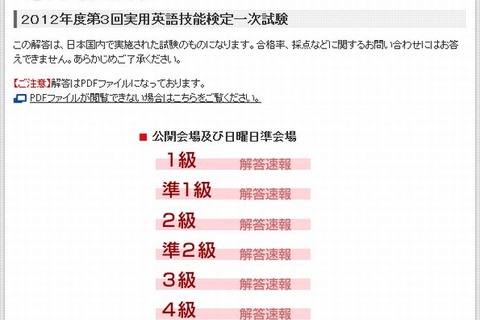 英検、2013年1月27日（2012年度第3回）実施分の解答速報を公開 画像