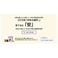 「不安」「安全」「安心」応募総数129,647票、2015年の漢字「安」選出理由とは 画像