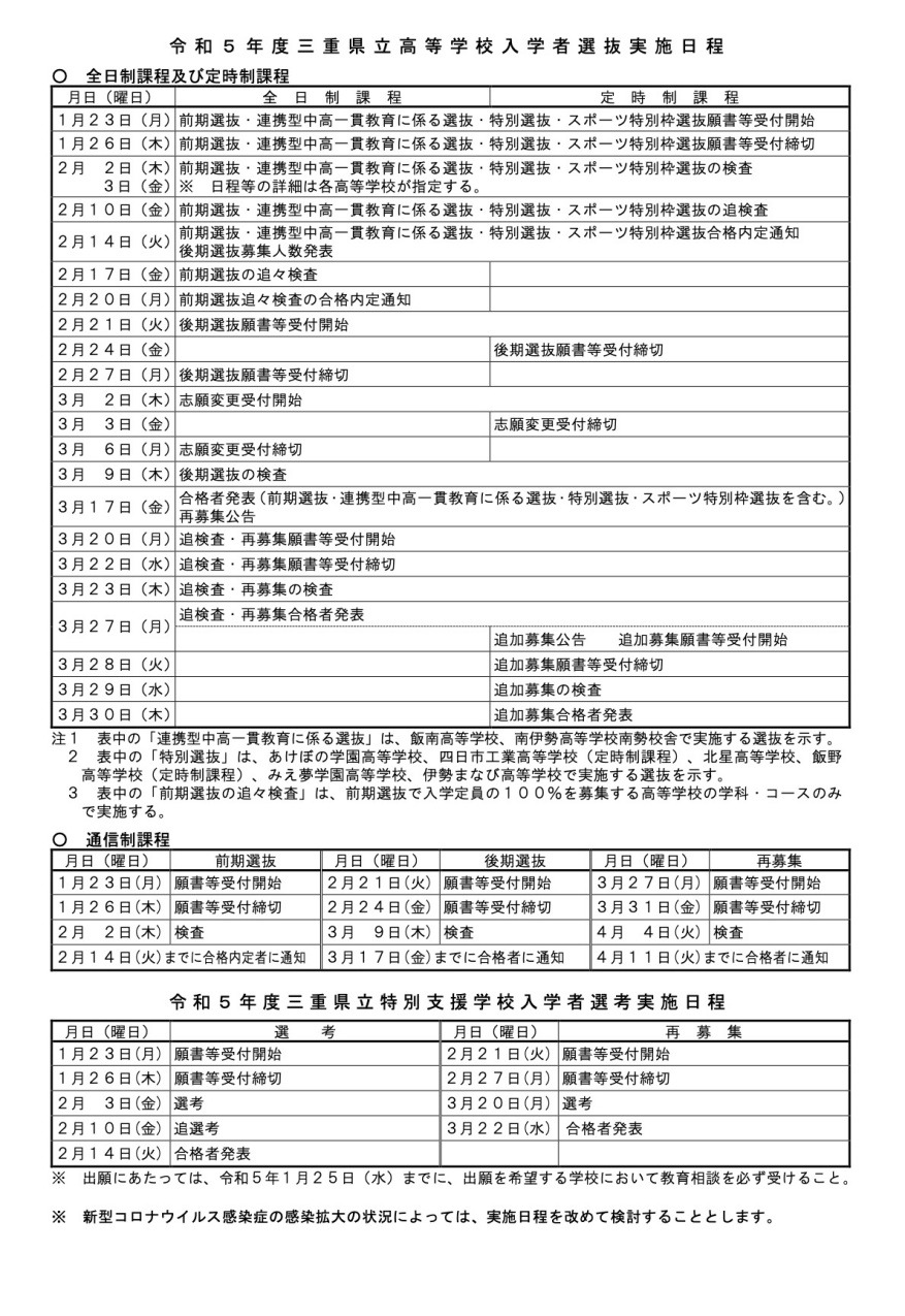 高校受験2023】三重県立高校入試日程、前期2/2-3・後期3/9 | リセマム