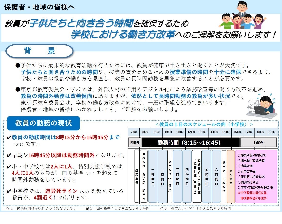 学校の働き方改革、保護者らに理解や協力呼びかけ…東京都 | リセマム