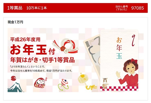 平成26年用お年玉付年賀はがき当選番号発表、1等賞品は前年の10倍の 平成26年用お年玉付郵便葉書、年賀葉書（8万円分）