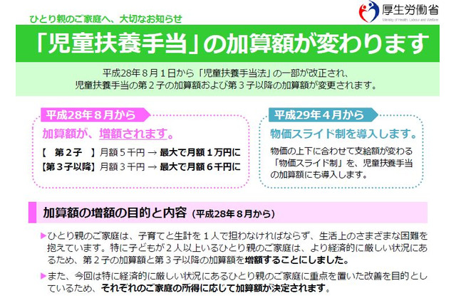 第2子以降の児童扶養手当、H28年8月分から増額 画像