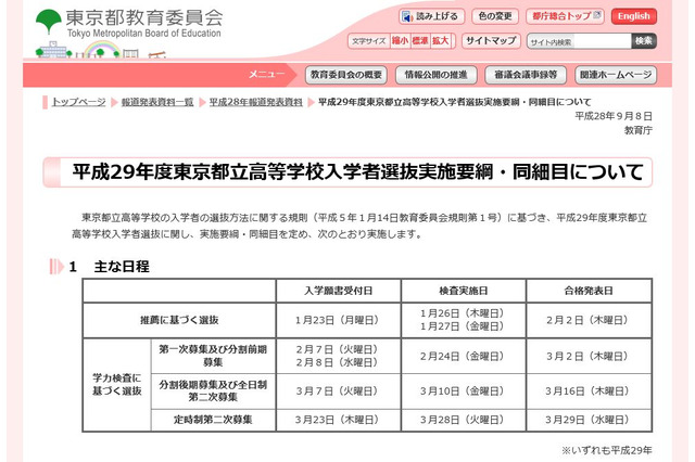 【高校受験2017】都立高入試の実施要綱、日程・変更点・実施方法など 画像