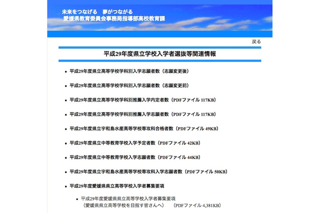 【高校受験2017】愛媛県立高入試の志願状況・倍率(確定)松山東(普通)0.99倍など 画像