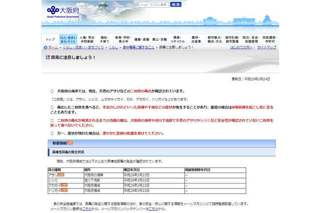大阪府、アサリなどから貝毒検出…食べないよう呼びかけ 画像