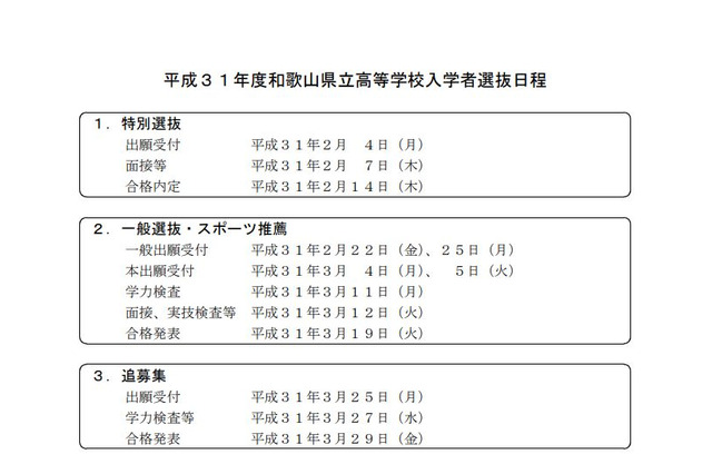 【高校受験2019】和歌山県公立高入試、一般入試日程は3/11・特別選抜は2/7 画像