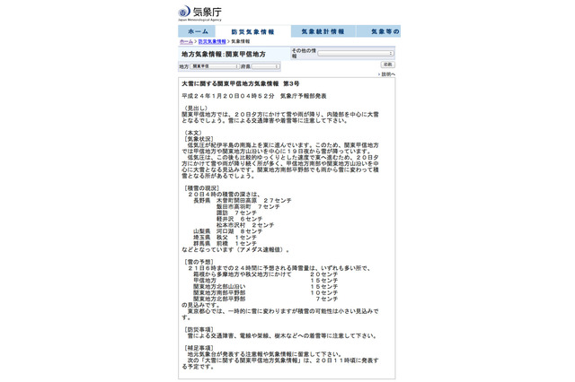 関東甲信地方で1/20夕方にかけ雪や雨、内陸部では大雪も 画像