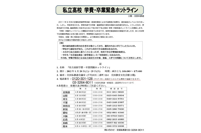 私立高校の学費に関する緊急相談ダイヤル1/28・29 画像