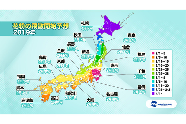 2019年春の花粉、飛散量は前年比2.7倍…ピークは2月下旬から 画像