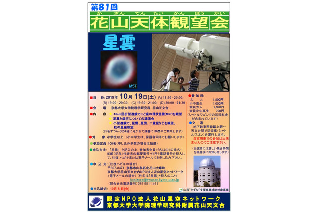 京都大学、星雲がテーマの天体観望会10/19花山天文台 画像