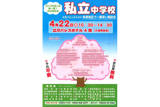 多摩地区の私立中24校が参加「2013年度入試 春一番！合同相談会 」4/22 画像