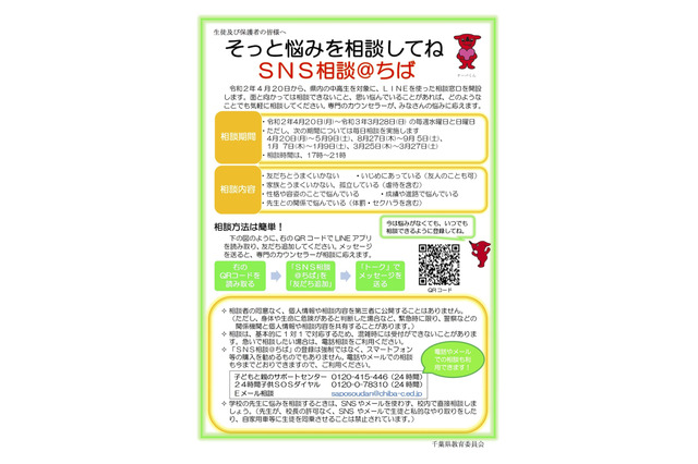 そっと悩みを相談、千葉県の中高生向けLINE窓口 画像