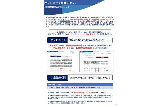 「お忘れなく」東京五輪チケット、払い戻しは口座登録10/12午前中まで 画像