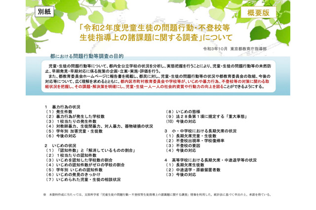 東京都のいじめ、前年比2万2,041件減少…不登校は増加傾向 画像