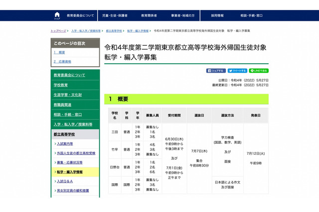 都立高、帰国生徒対象の第2学期「転学・編入学」募集 画像