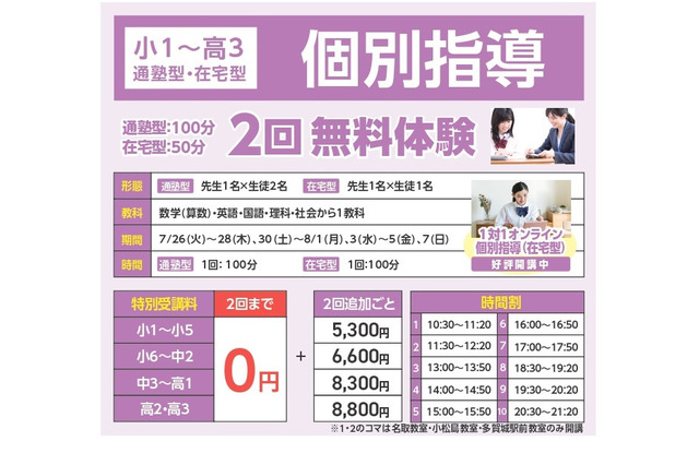 小1-高3オンライン夏期講習、個別2講座無料…あすなろ学院 画像