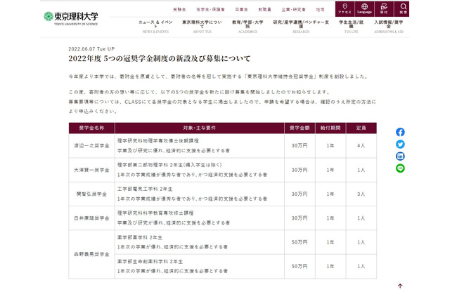東京理科大学「5つの冠奨学金制度」新設と募集 画像