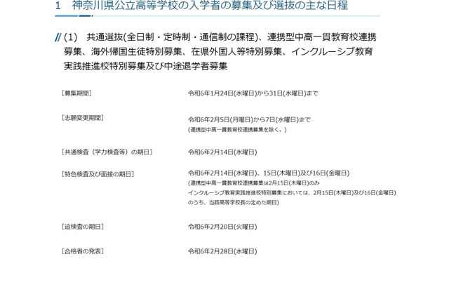 【高校受験2024】神奈川県公立高入試の日程、学力検査2/14 画像