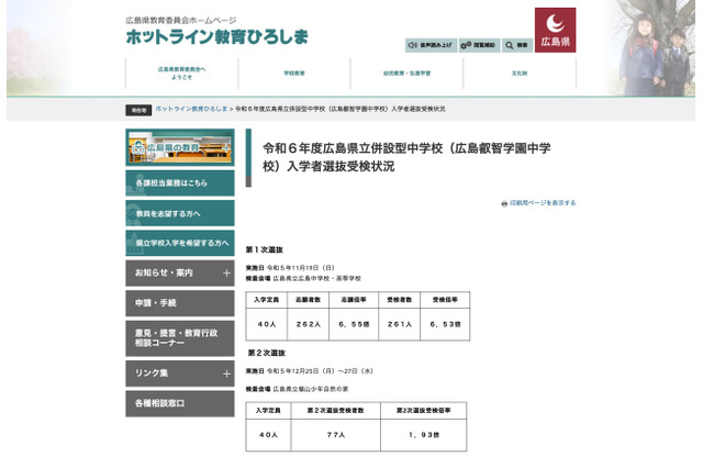 【中学受験2024】県立広島叡智学園中、第2次選抜の受検倍率1.93倍 画像