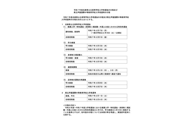 【高校受験2025】兵庫県公立高入試日程、推薦2/17・学力検査3/12 画像