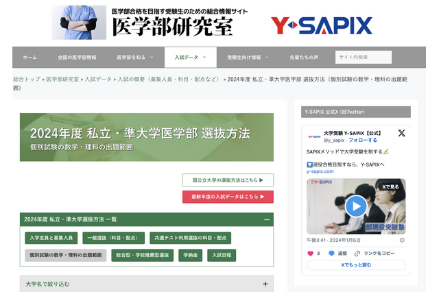 【大学受験2024】私大医学部、数理の出題範囲…Y-SAPIX 画像