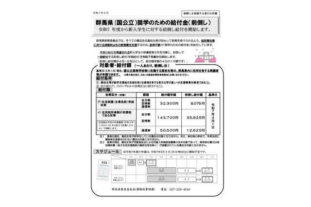 群馬県国公立高、新入生向け奨学金を前倒し給付…返済不要 画像