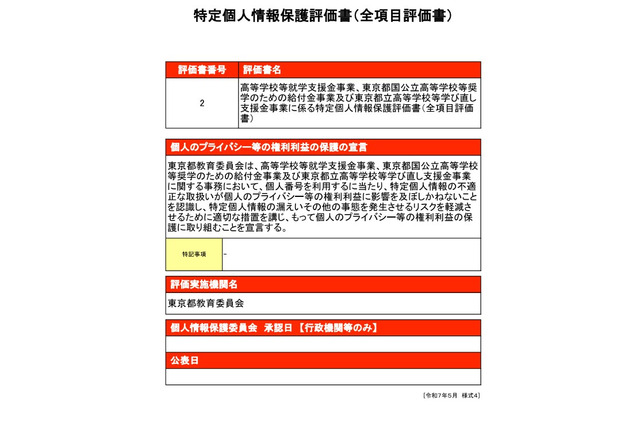 東京都、高校就学支援金事業など「個人情報保護評価書」に関する意見募集…11/28まで 画像