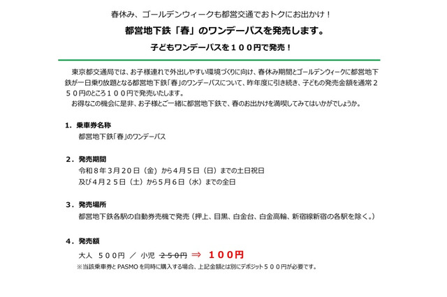 【春休み2026】都営地下鉄子供向けワンデーパス、100円で発売…GWも 画像
