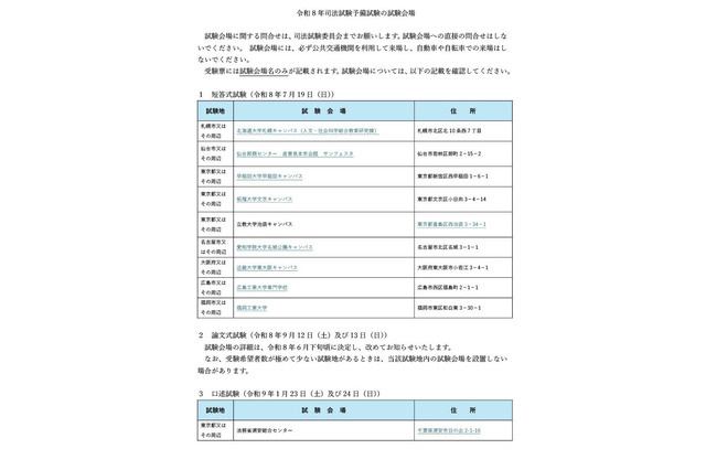 司法試験＆予備試験2026、会場を発表…日程まとめ 画像