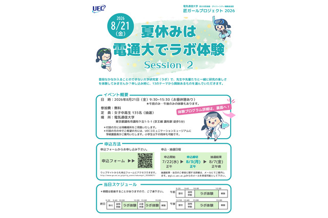 【夏休み2026】電気通信大「ラボ体験」女子中高生向け8/21 画像