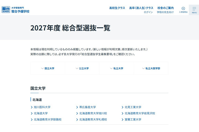 【大学受験2027】総合型選抜、国公私立大の一覧公表…駿台 画像