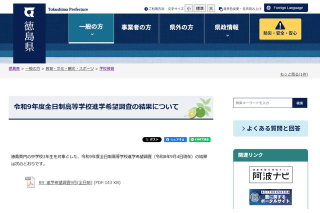 【高校受験2027】徳島県公立高、希望倍率（9/4時点）徳島科学技術2.50倍 画像