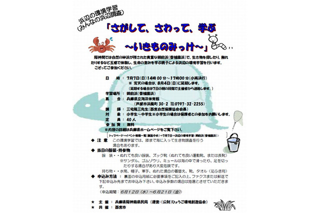 兵庫県、親子で浜辺の生き物に触れる環境学習「いきものみっけ」参加者募集 画像