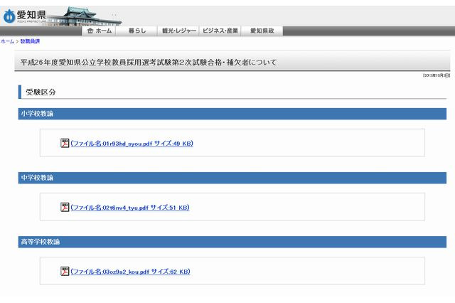 愛知県教委、平成26年度の教員採用選考試験第2次試験合格・補欠者を発表 画像
