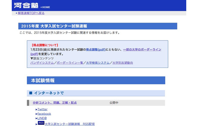 【センター試験2015】河合塾、得点調整後のボーダーラインを公開 画像